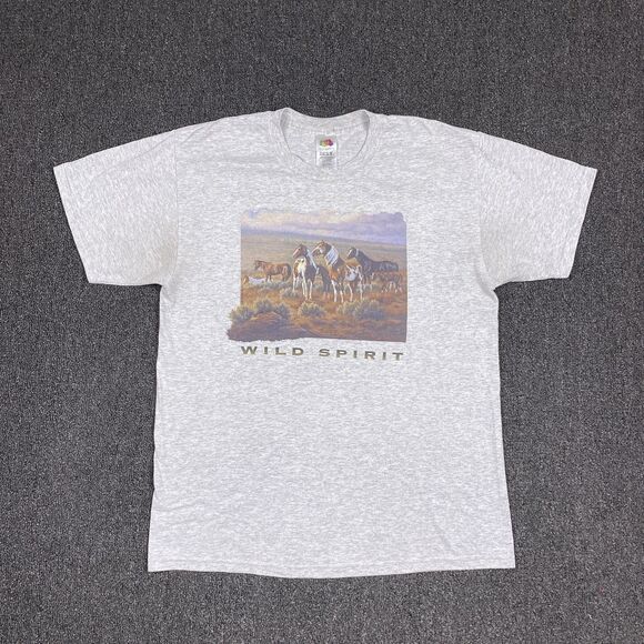 “ Wild Spirit” Horses T Shirt Short Sleeve Gray Y2K Casual Shirt Size Large - Picture 1 of 5